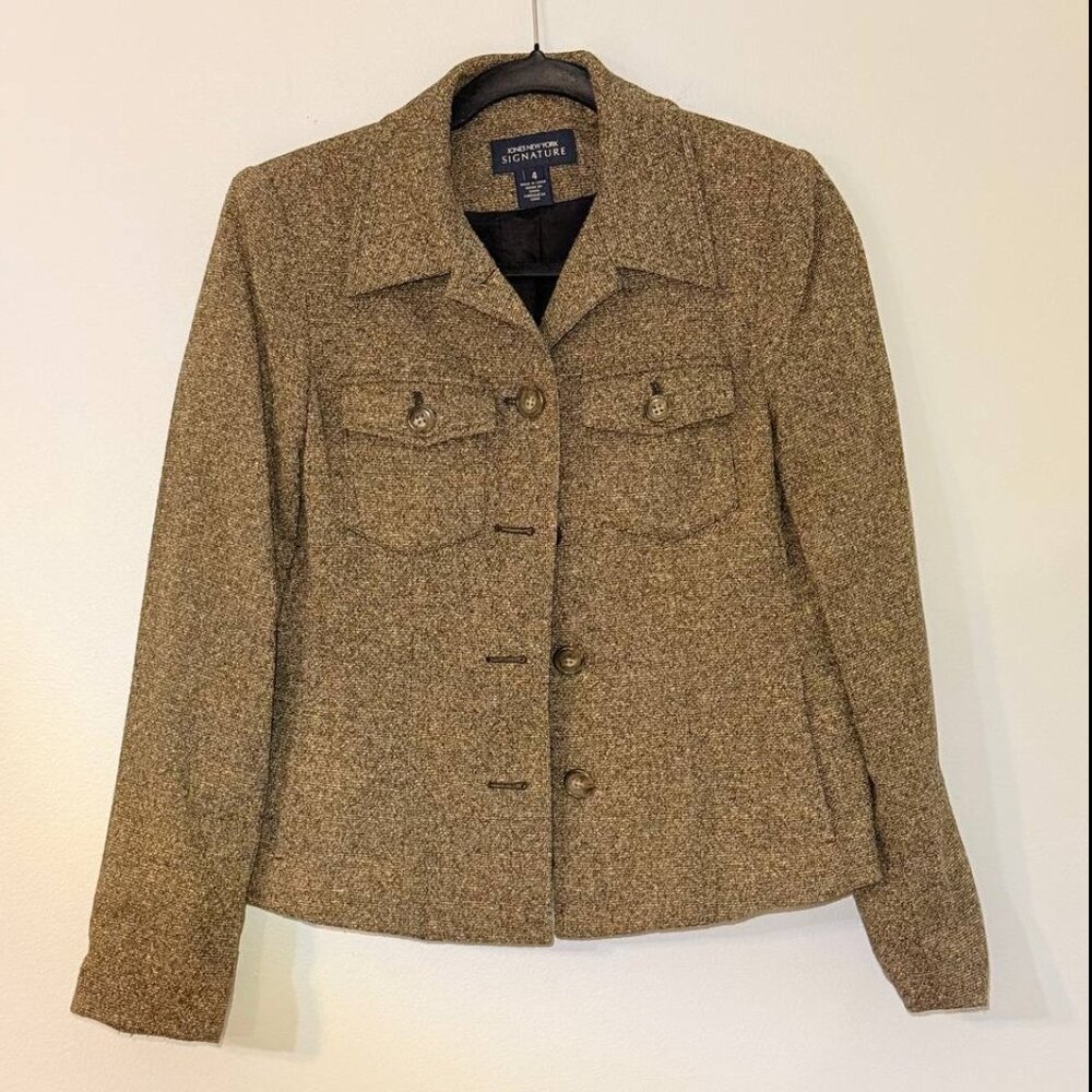 Jones New York Signature Womens Jacket Blazer Size 4 Brown Button Up Wool